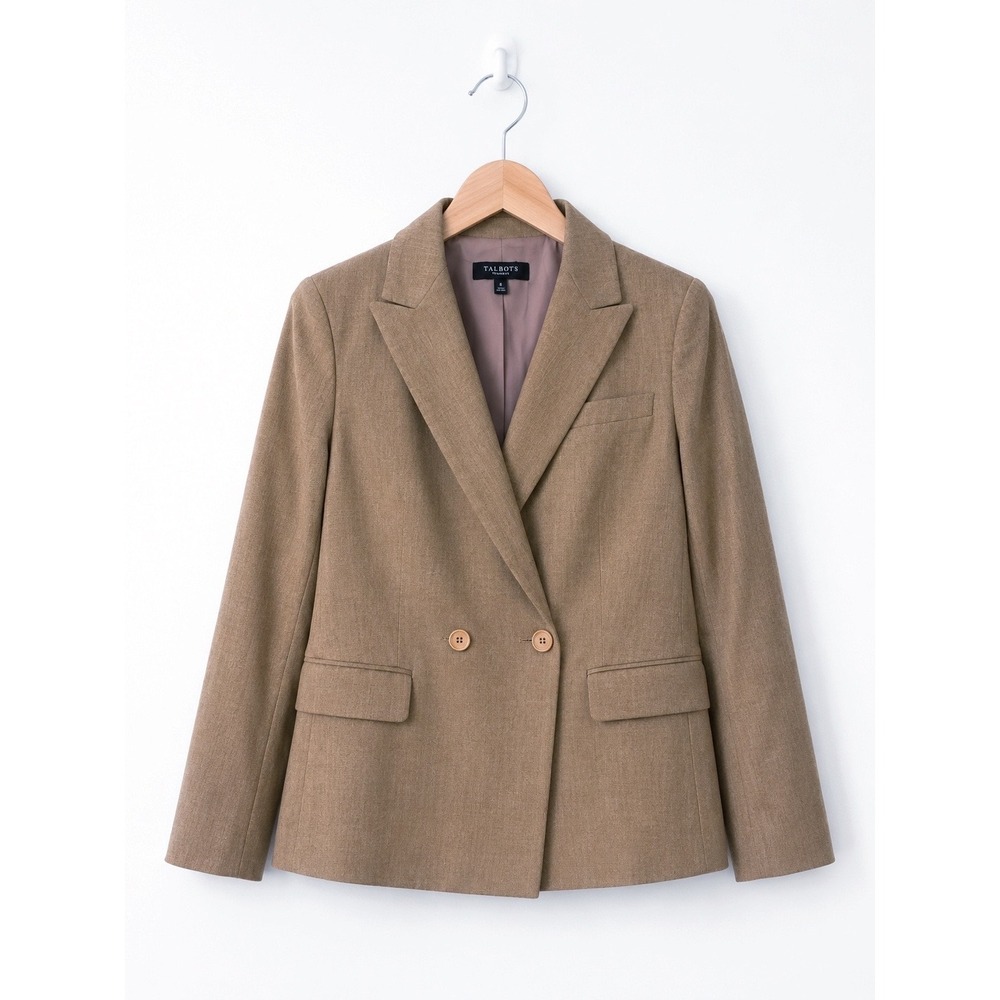 Talbots Womens Size 16 Tan Wool Blend Double Breasted Blazer Jacket Work Career